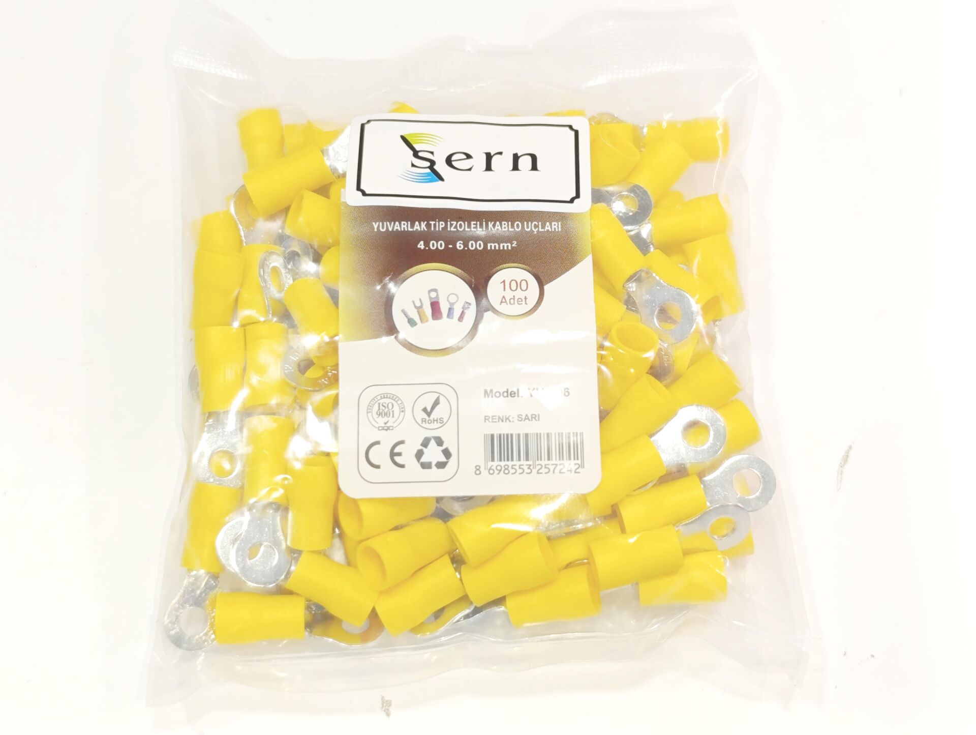 M4 (4 x 6mm²) Yuvarlak Tip İzoleli Kablo Uçları Sarı Renk - 1 Paket - 100Adet 