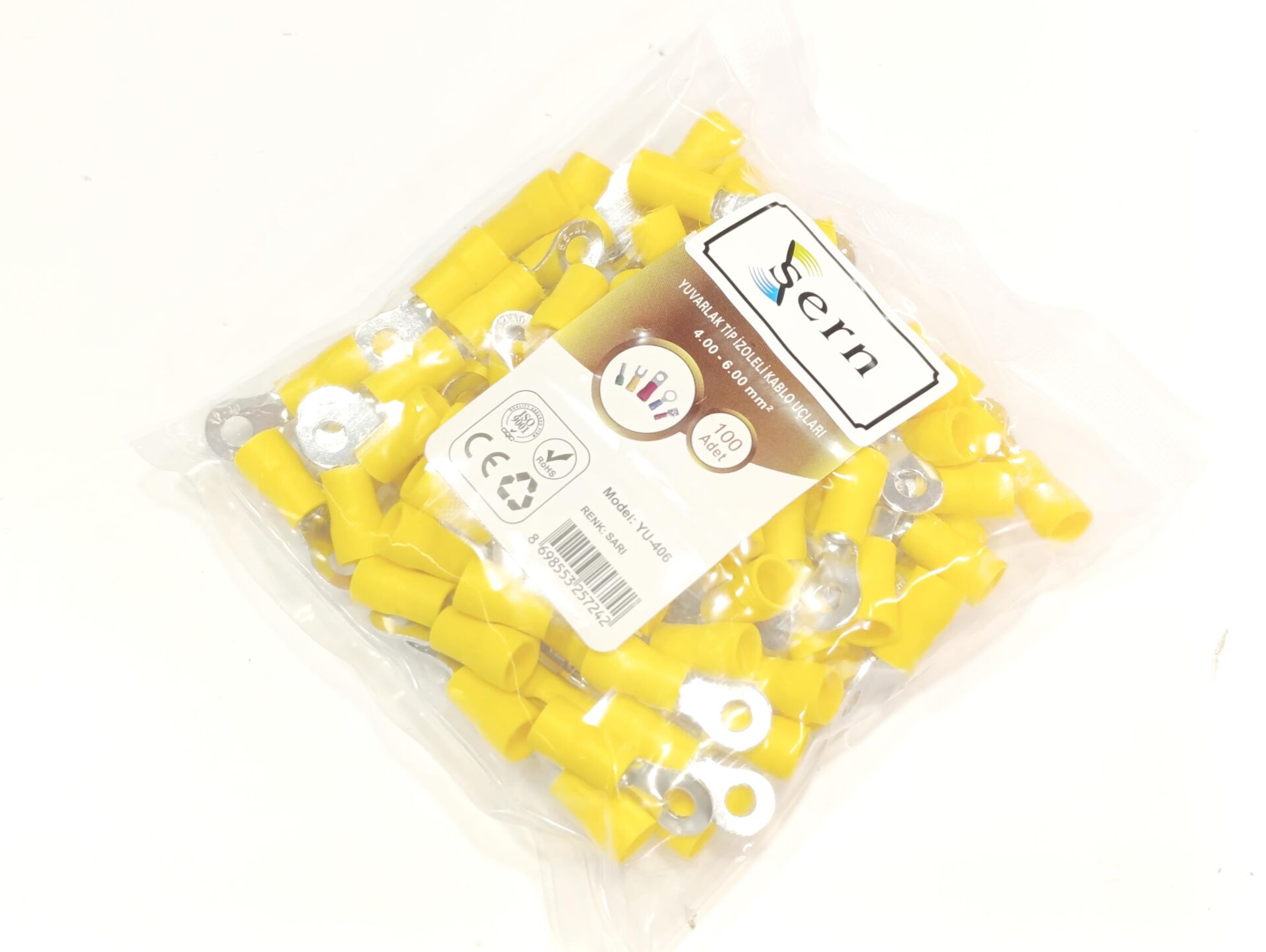 M4 (4 x 6mm²) Yuvarlak Tip İzoleli Kablo Uçları Sarı Renk - 1 Paket - 100Adet 