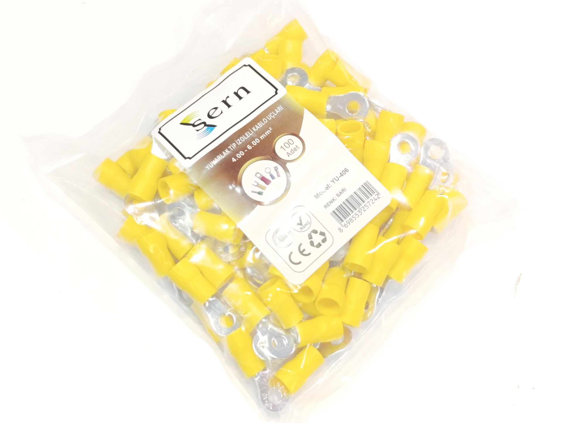 M4 (4 x 6mm²) Yuvarlak Tip İzoleli Kablo Uçları Sarı Renk - 1 Paket - 100Adet 