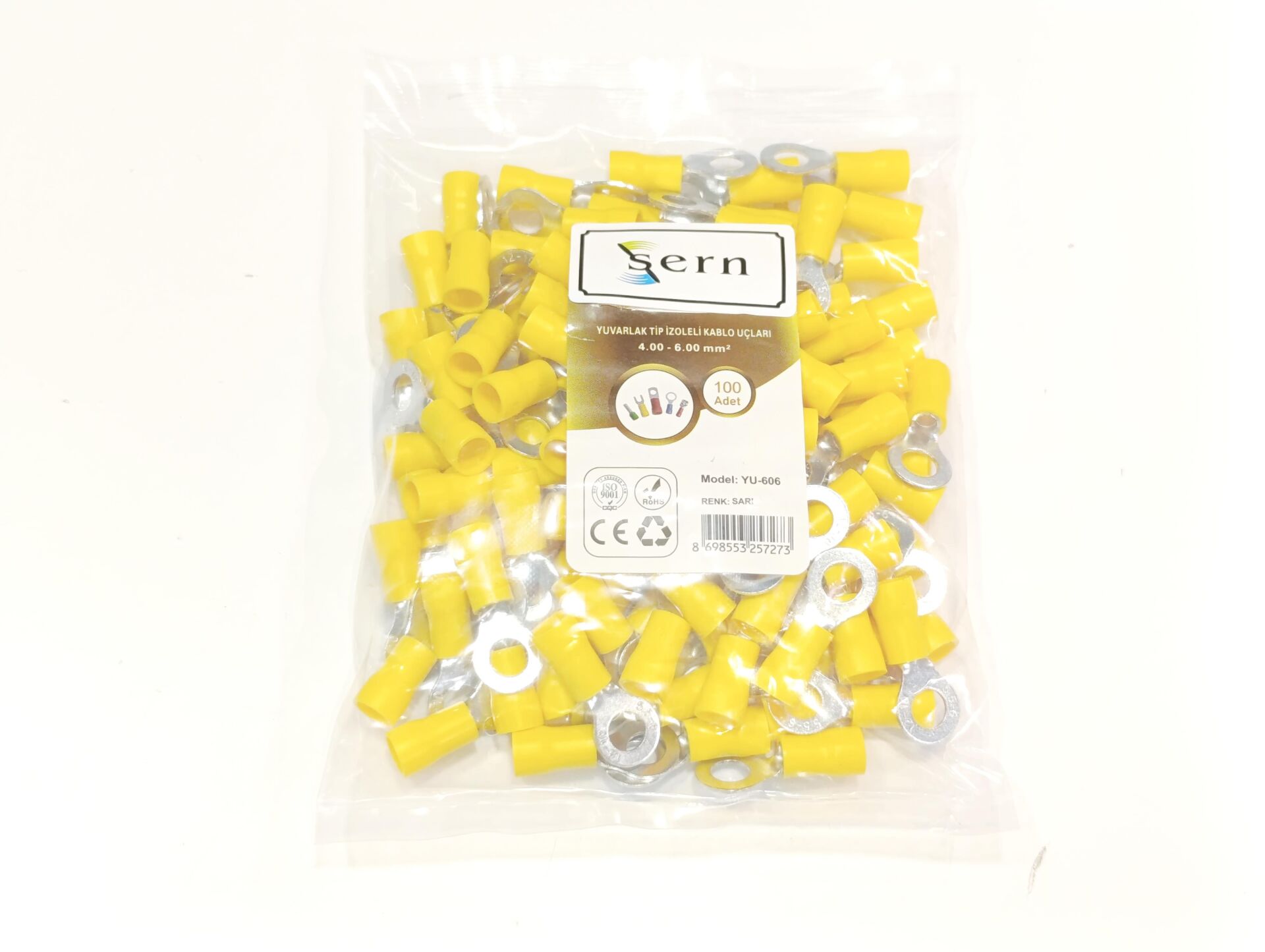 M6 (4 x 6mm²) Yuvarlak Tip İzoleli Kablo Uçları Sarı Renk - 1 Paket - 100Adet 