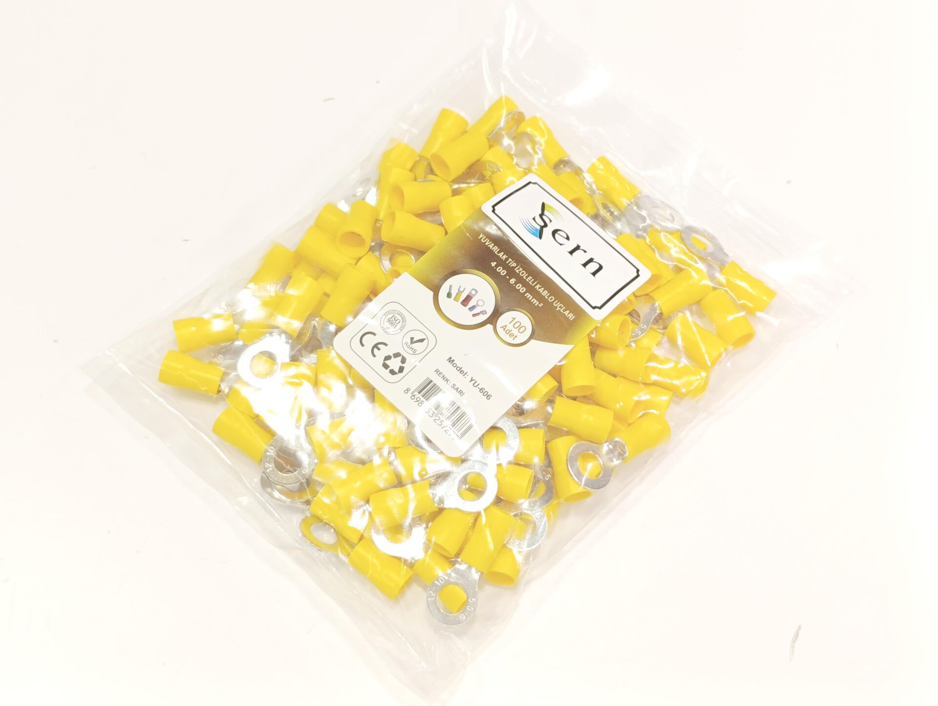M6 (4 x 6mm²) Yuvarlak Tip İzoleli Kablo Uçları Sarı Renk - 1 Paket - 100Adet 