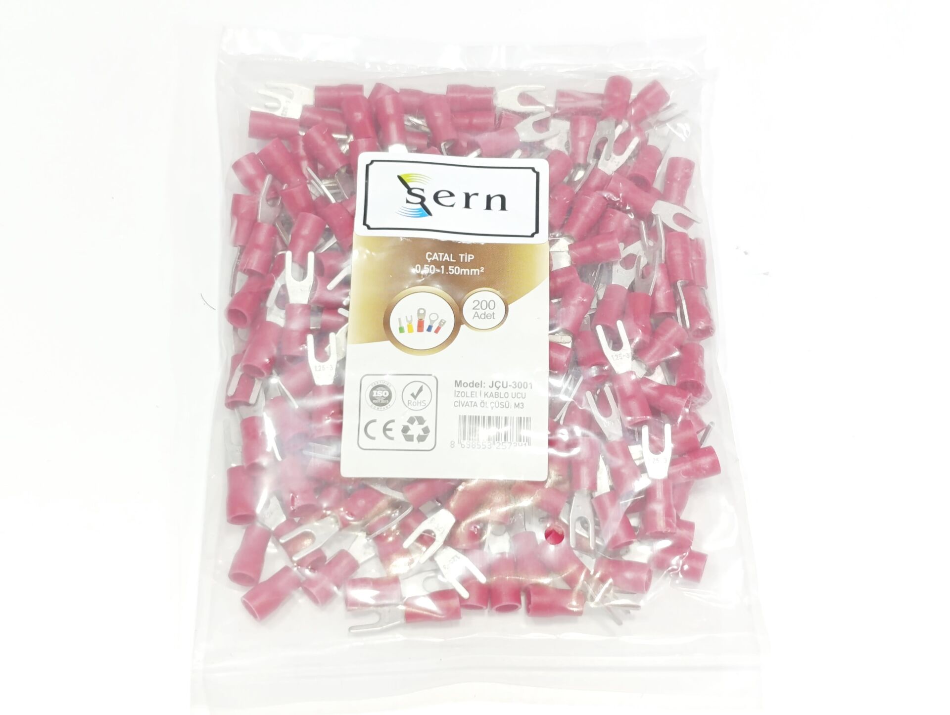 M3 (0,50 x 1,50mm²) Çatal Tip İzoleli Kablo Uçları Kırmızı Renk - 1 Paket - 200Adet 