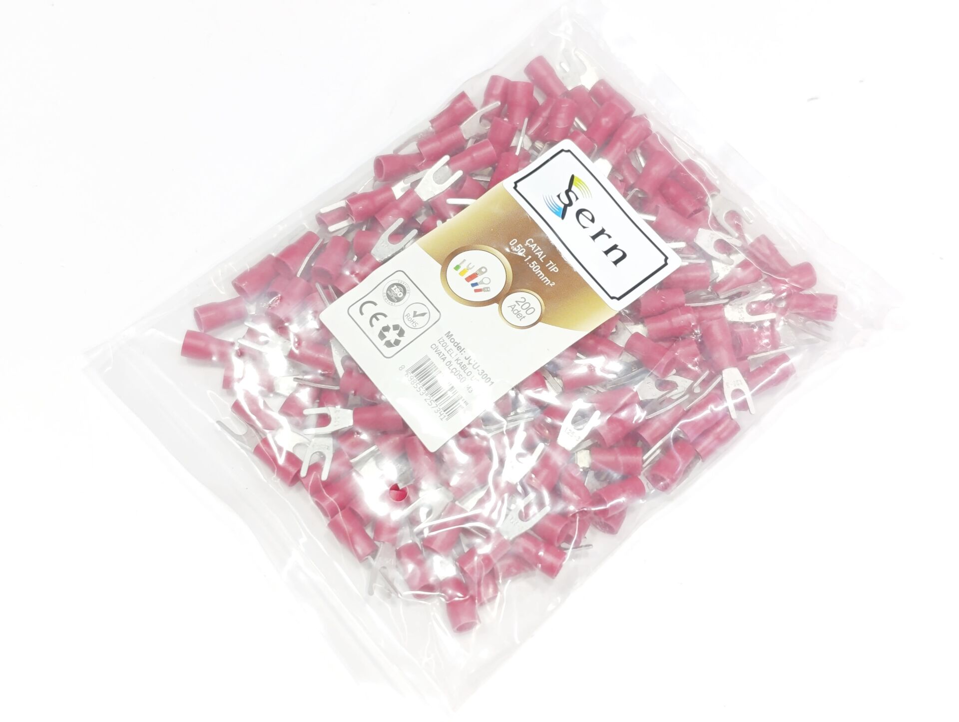 M3 (0,50 x 1,50mm²) Çatal Tip İzoleli Kablo Uçları Kırmızı Renk - 1 Paket - 200Adet 