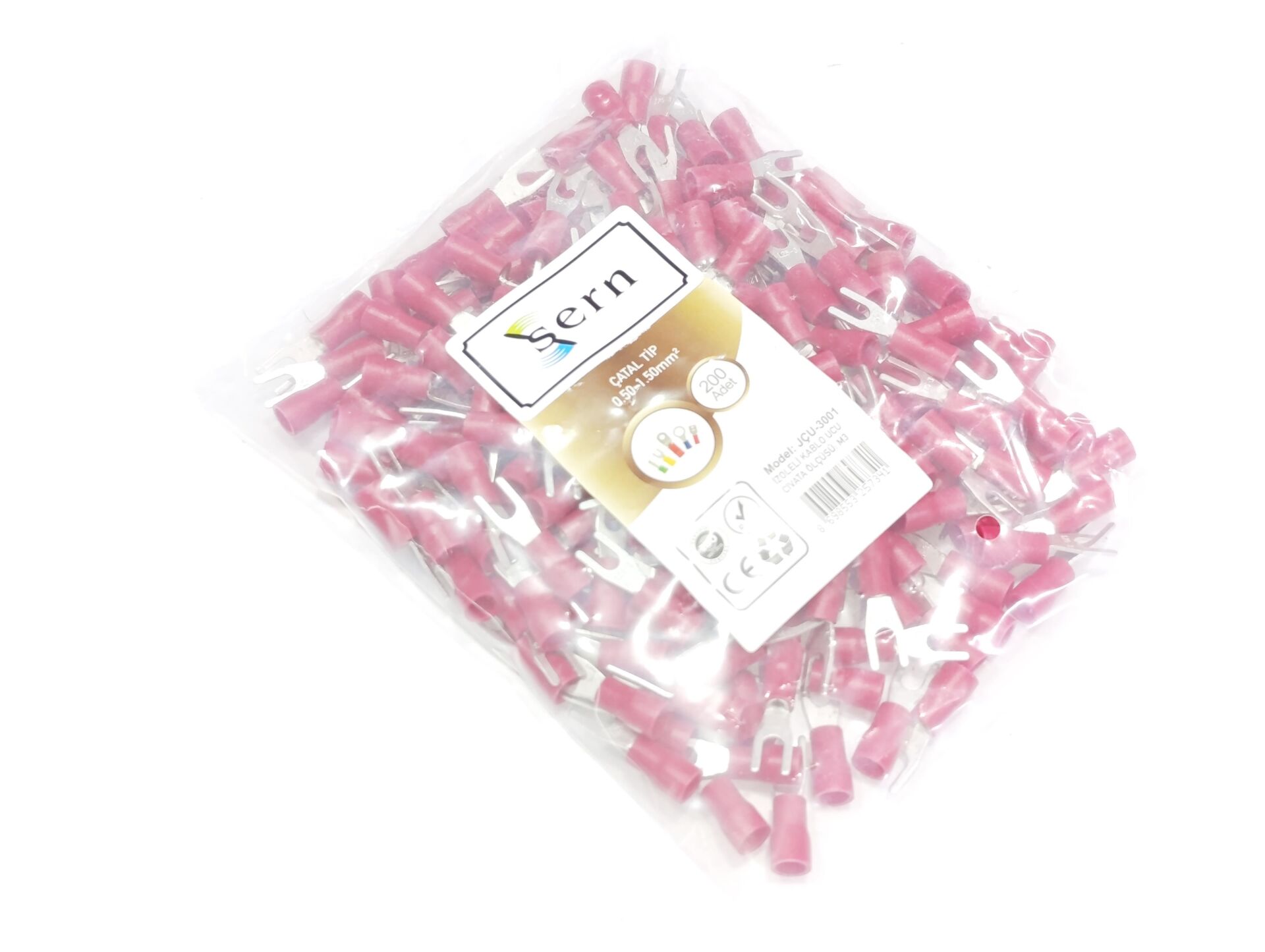 M3 (0,50 x 1,50mm²) Çatal Tip İzoleli Kablo Uçları Kırmızı Renk - 1 Paket - 200Adet 