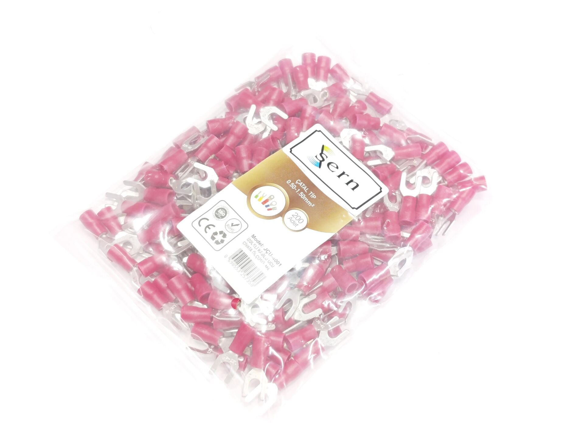 M4 (0,50 x 1,50mm²) Çatal Tip İzoleli Kablo Uçları Kırmızı Renk - 1 Paket - 200Adet 