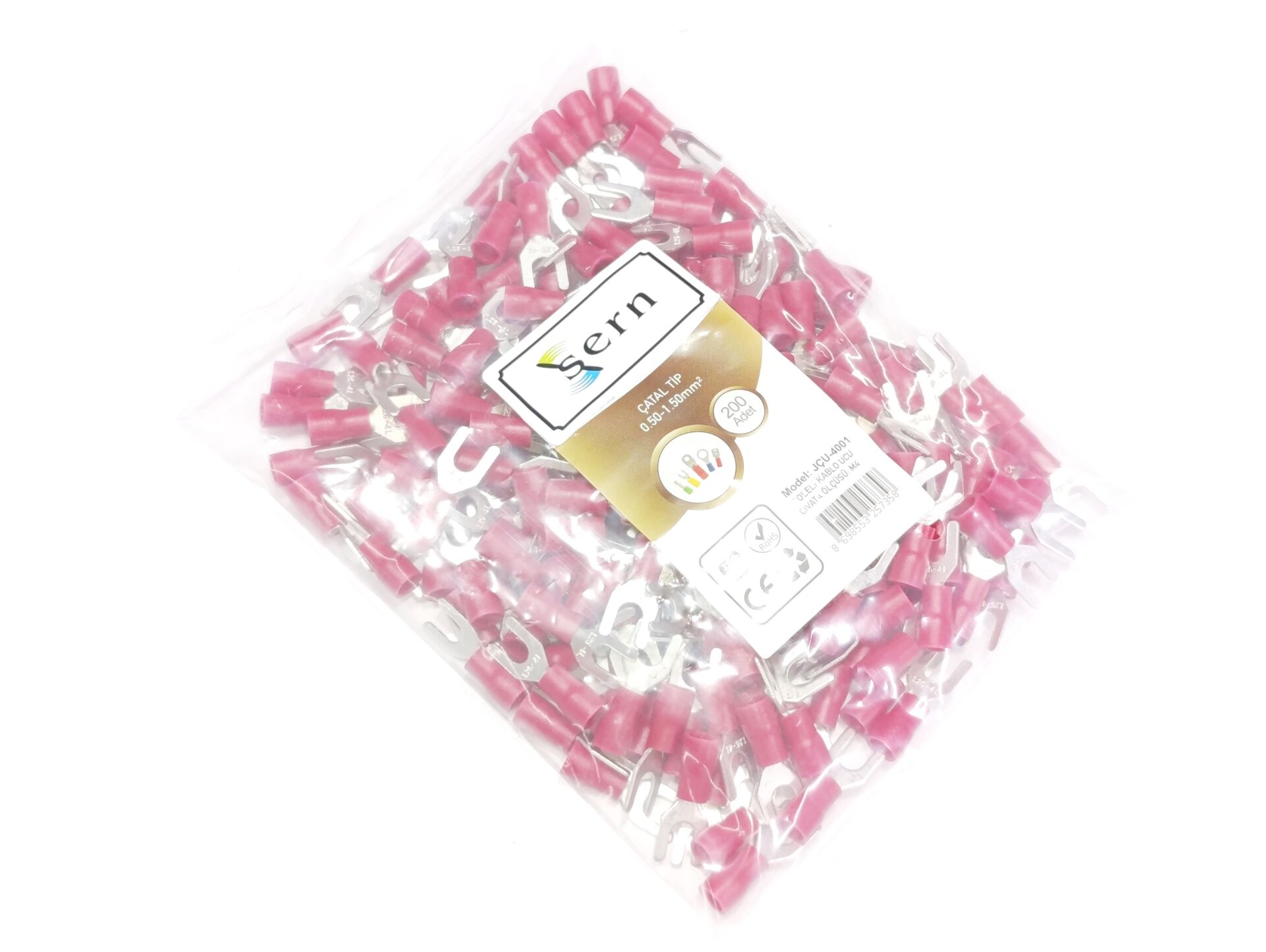 M4 (0,50 x 1,50mm²) Çatal Tip İzoleli Kablo Uçları Kırmızı Renk - 1 Paket - 200Adet 