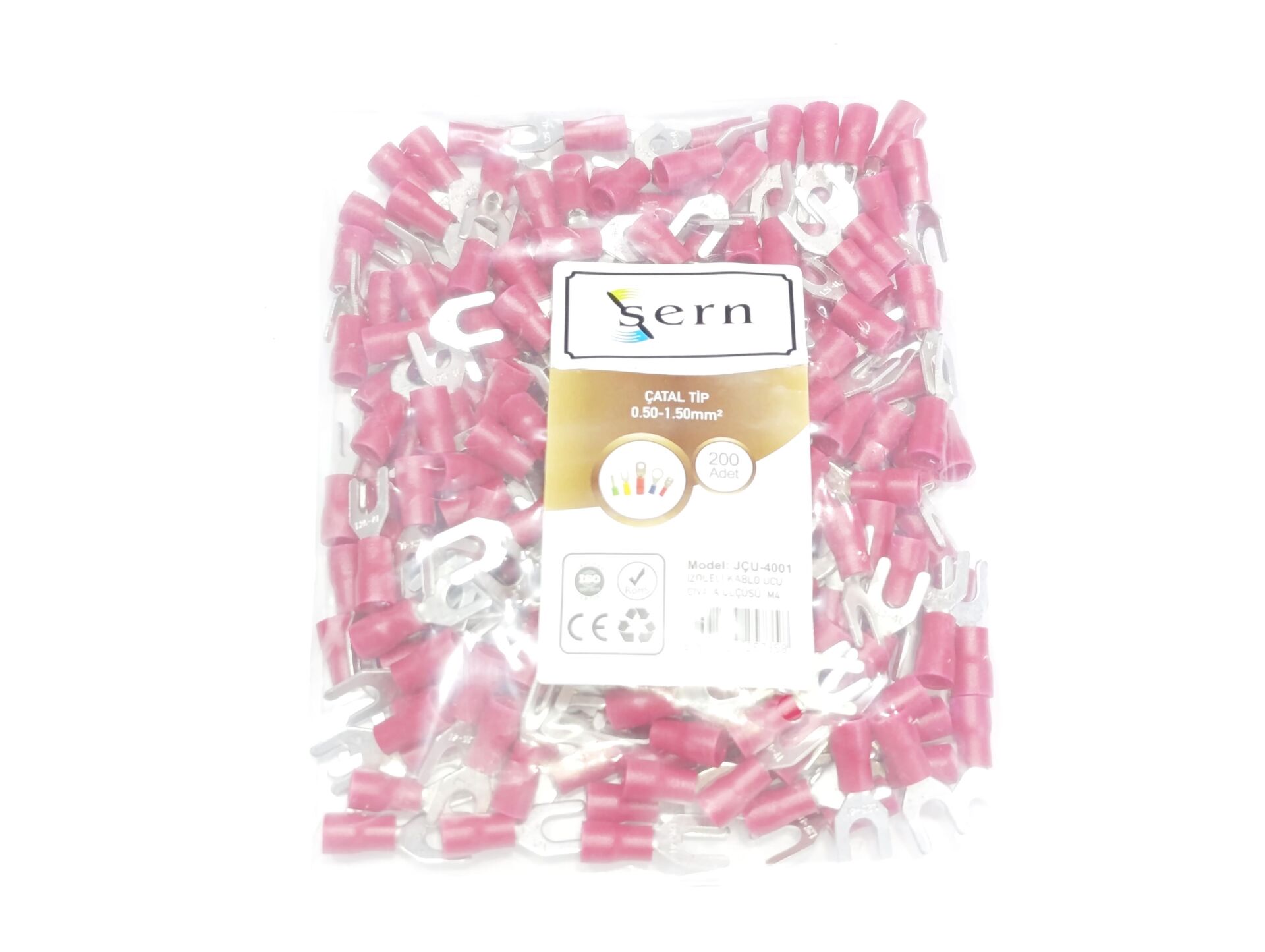 M4 (0,50 x 1,50mm²) Çatal Tip İzoleli Kablo Uçları Kırmızı Renk - 1 Paket - 200Adet 