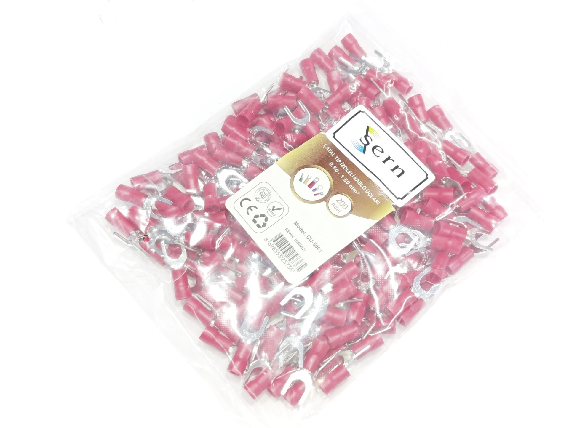 M5 (0,50 x 1,50mm²) Çatal Tip İzoleli Kablo Uçları Kırmızı Renk - 1 Paket - 200Adet 