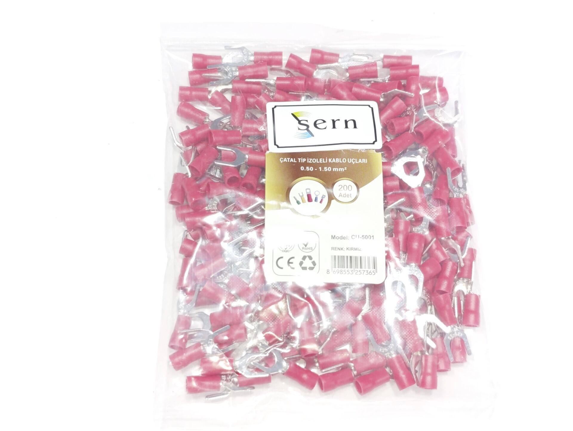 M5 (0,50 x 1,50mm²) Çatal Tip İzoleli Kablo Uçları Kırmızı Renk - 1 Paket - 200Adet 