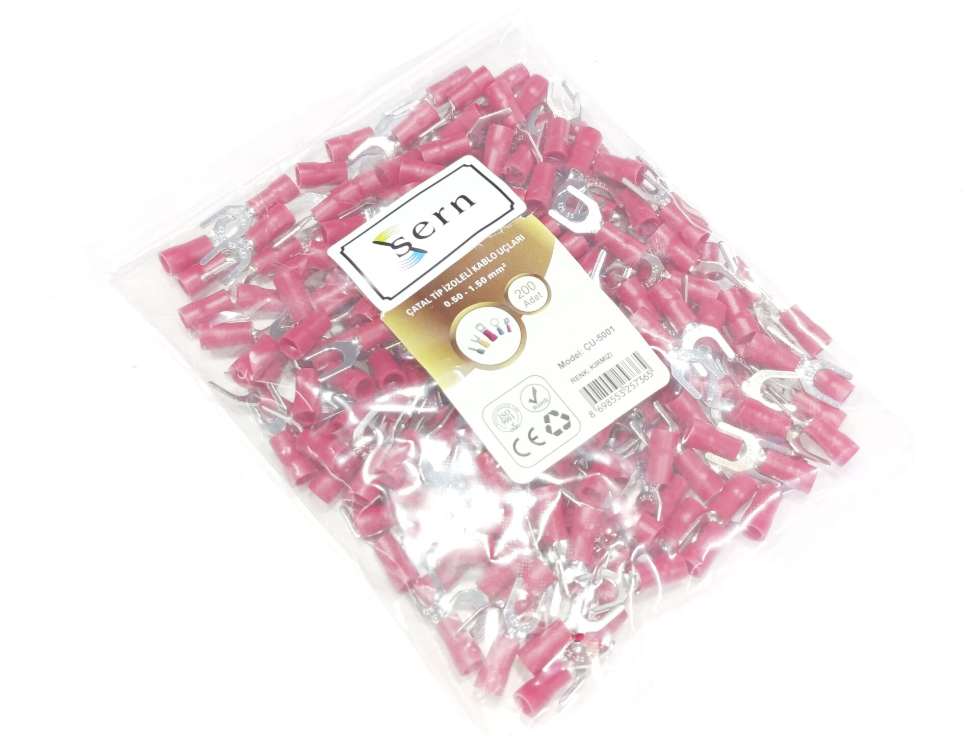 M5 (0,50 x 1,50mm²) Çatal Tip İzoleli Kablo Uçları Kırmızı Renk - 1 Paket - 200Adet 