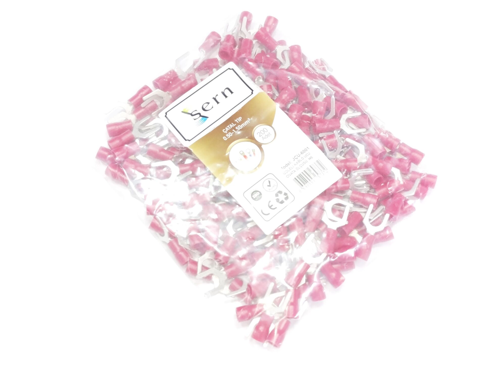 M6 (0,50 x 1,50mm²) Çatal Tip İzoleli Kablo Uçları Kırmızı Renk - 1 Paket - 200Adet 