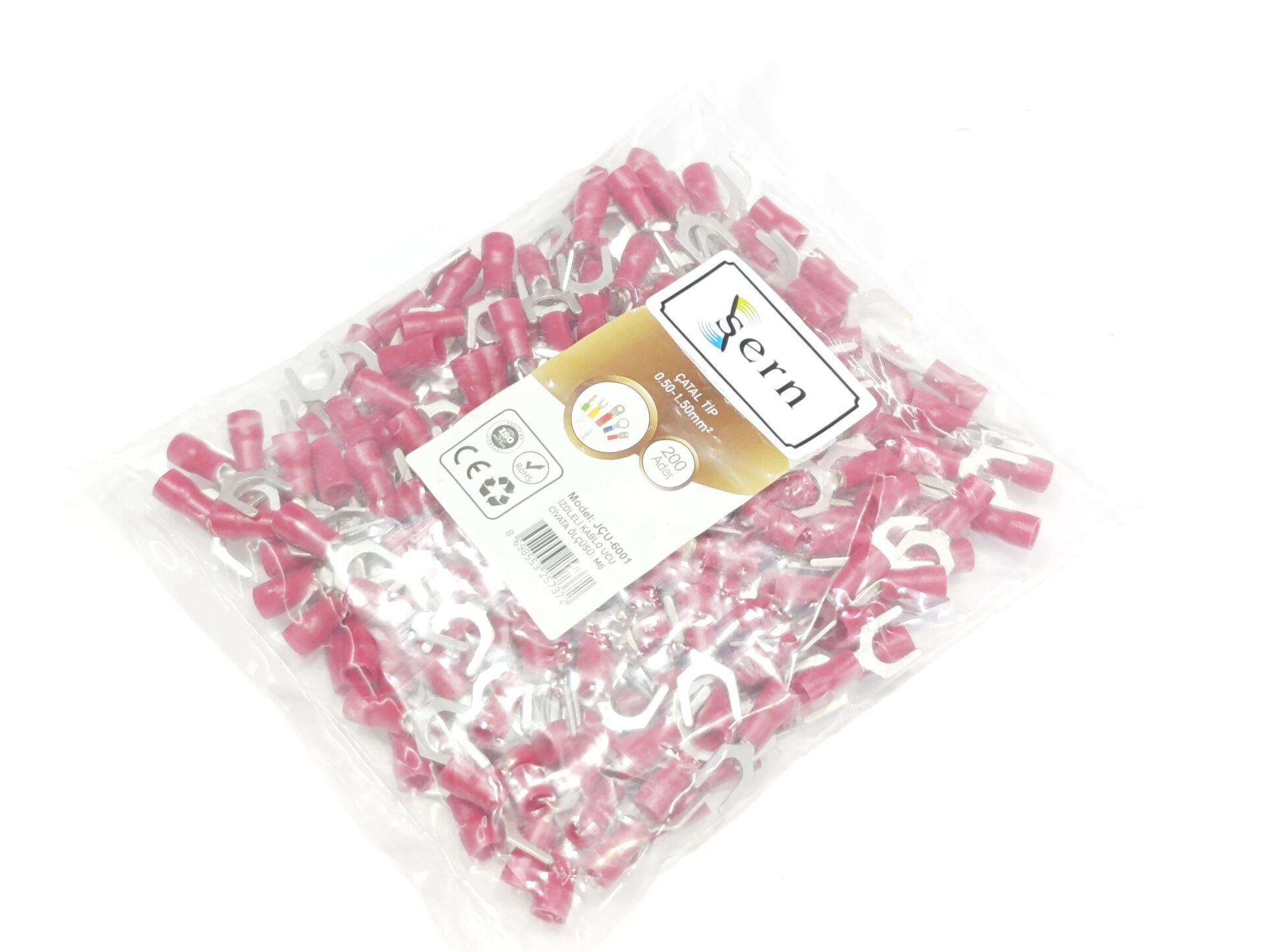 M6 (0,50 x 1,50mm²) Çatal Tip İzoleli Kablo Uçları Kırmızı Renk - 1 Paket - 200Adet 