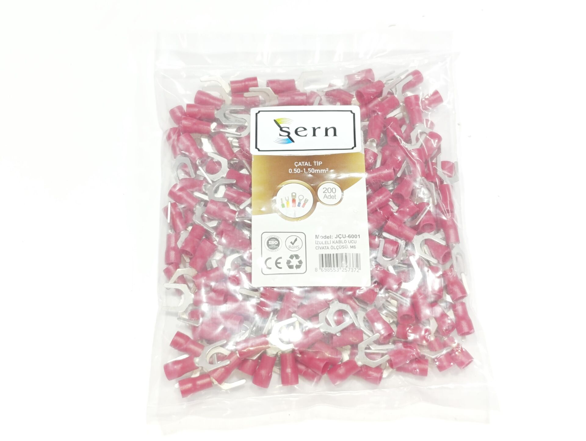 M6 (0,50 x 1,50mm²) Çatal Tip İzoleli Kablo Uçları Kırmızı Renk - 1 Paket - 200Adet 