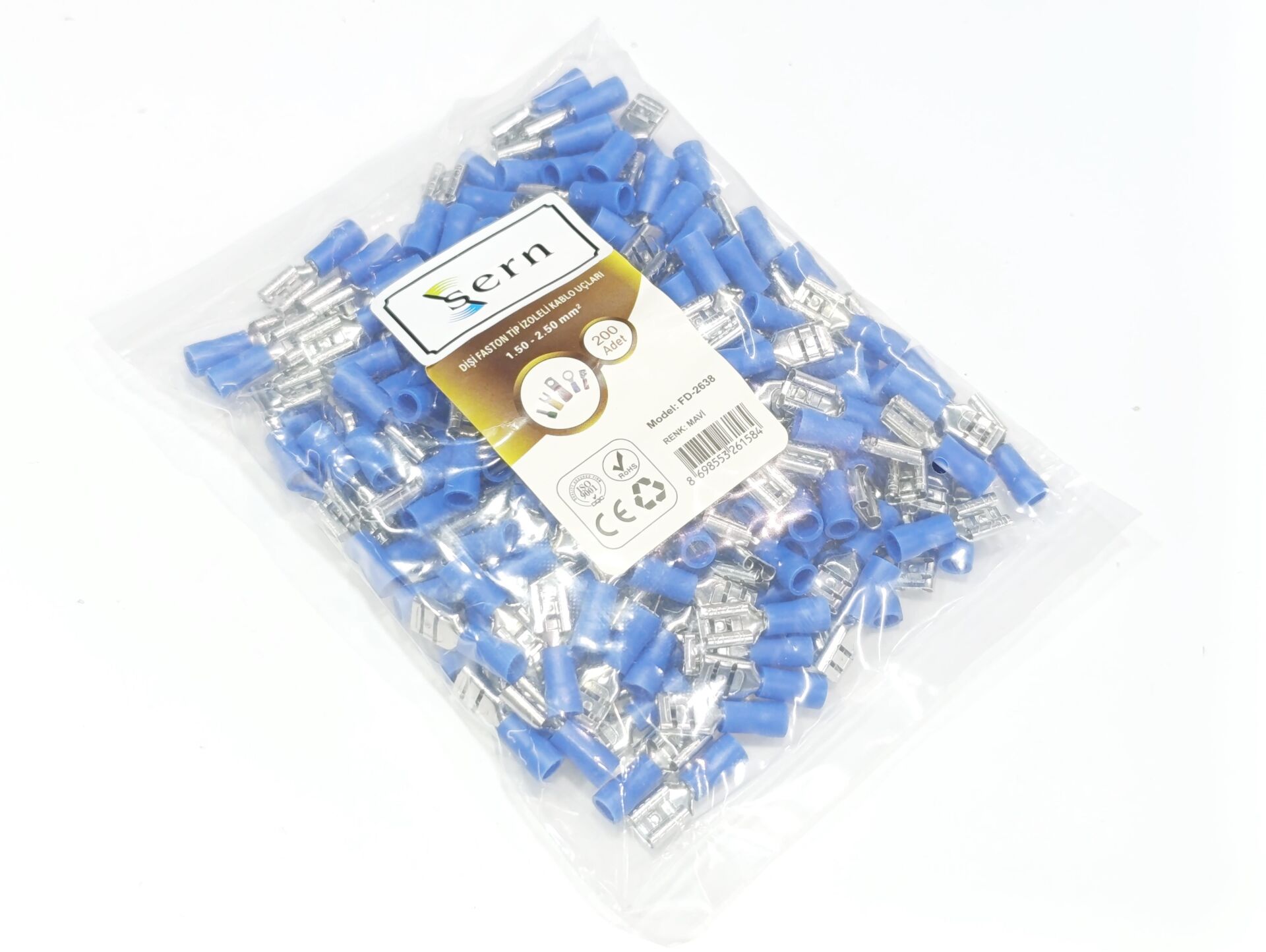 0,8x6,35 Soket 1,50x2,50mm² Dişi Faston Tip İzoleli Kablo Uçları Mavi Renk - 1 Paket - 200Adet 