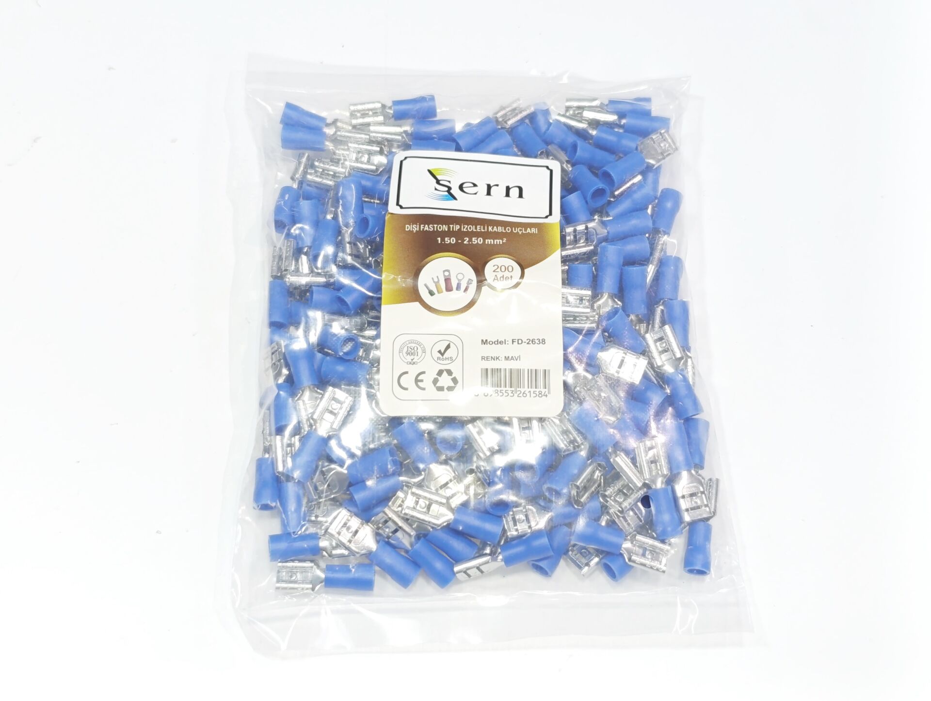 0,8x6,35 Soket 1,50x2,50mm² Dişi Faston Tip İzoleli Kablo Uçları Mavi Renk - 1 Paket - 200Adet 