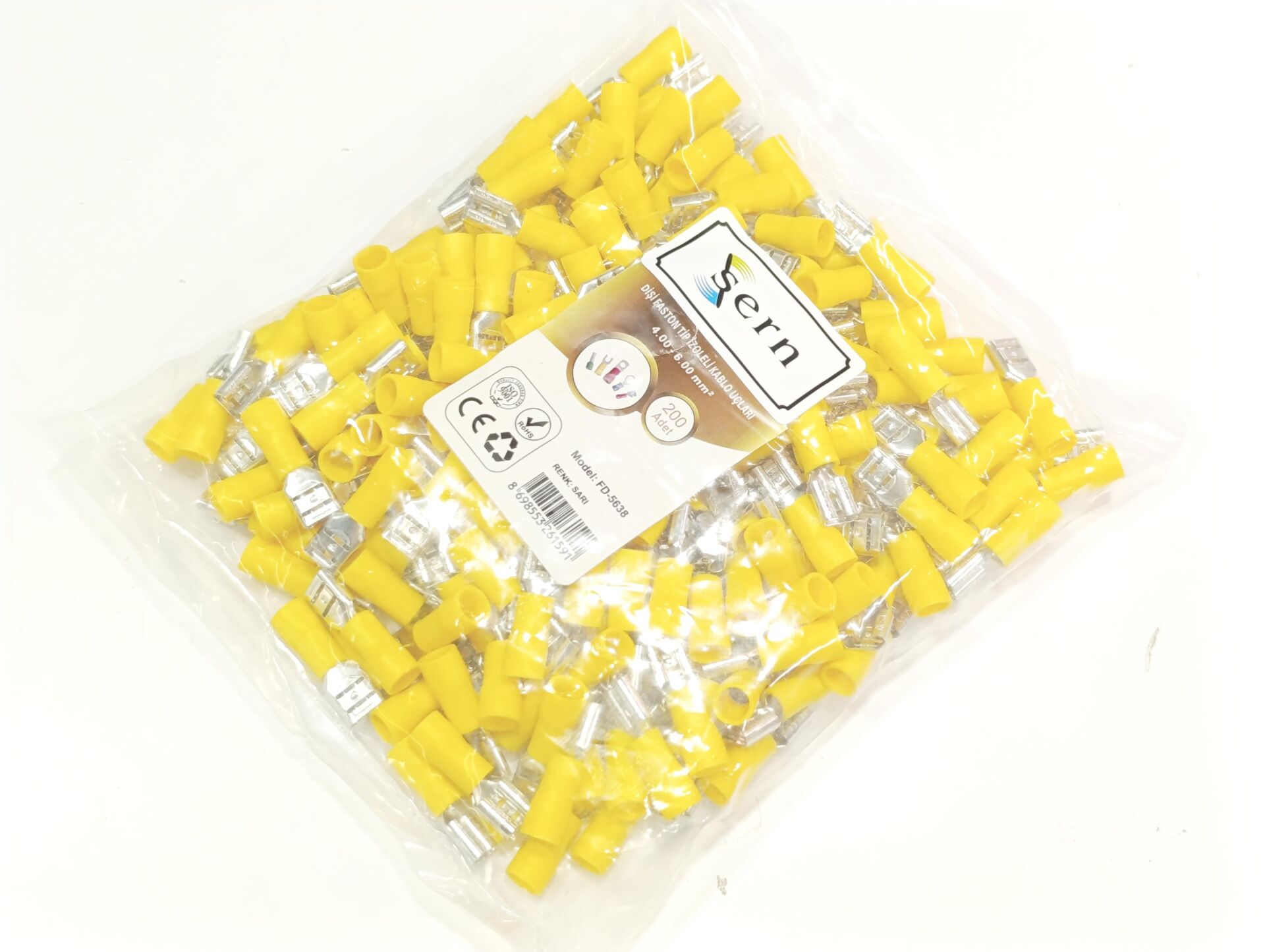 0,8x6,35 Soket 4x6mm² Dişi Faston Tip İzoleli Kablo Uçları Sarı Renk - 1 Paket - 200Adet 
