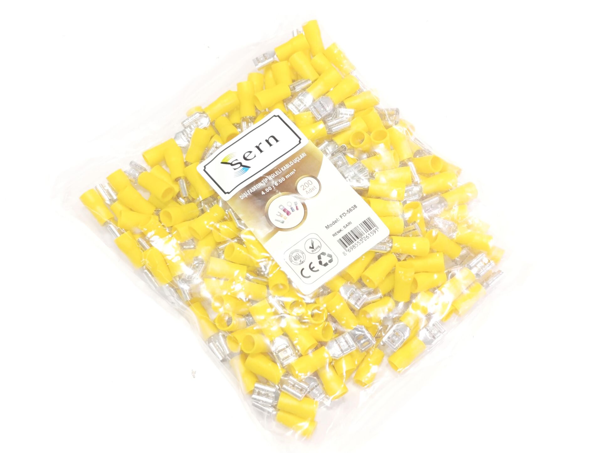 0,8x6,35 Soket 4x6mm² Dişi Faston Tip İzoleli Kablo Uçları Sarı Renk - 1 Paket - 200Adet 