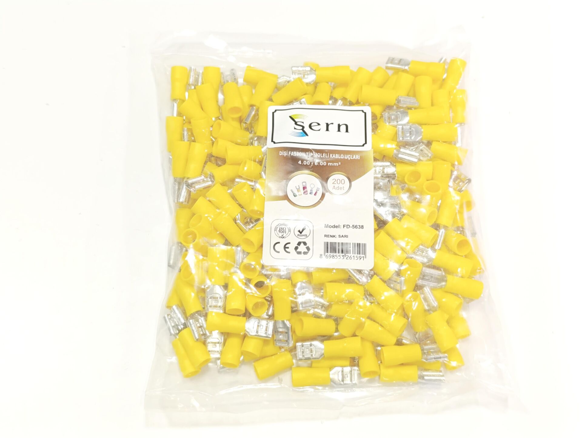 0,8x6,35 Soket 4x6mm² Dişi Faston Tip İzoleli Kablo Uçları Sarı Renk - 1 Paket - 200Adet 