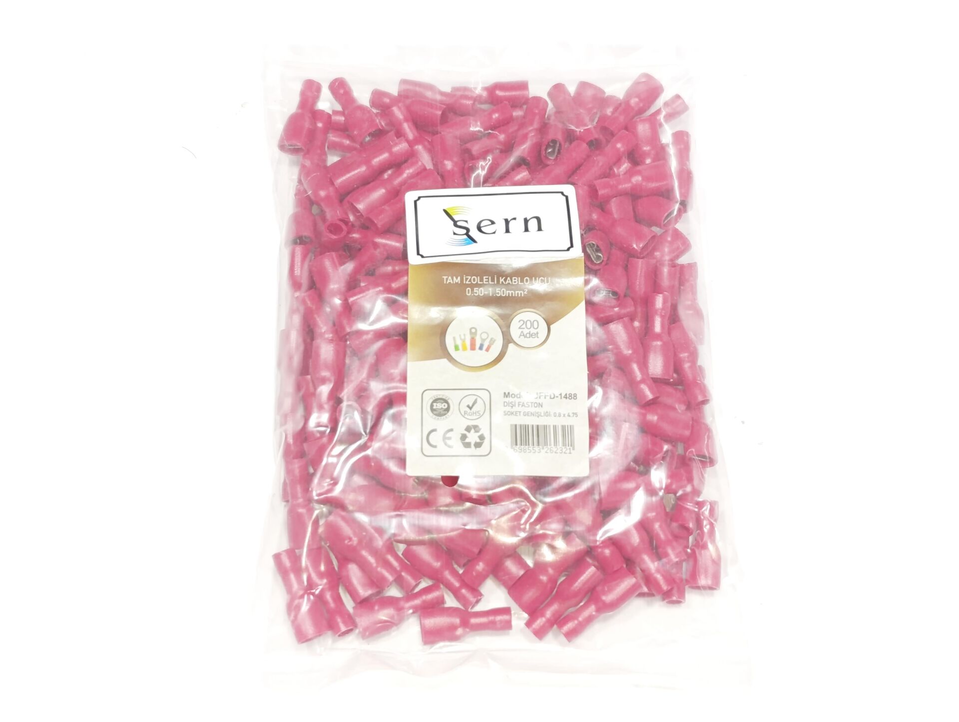 0,8x4,75 Soket 0,50x1,50mm² Dişi Faston Tip Tam İzoleli Kablo Uçları Kırmızı Renk - 1 Paket - 200Adet 