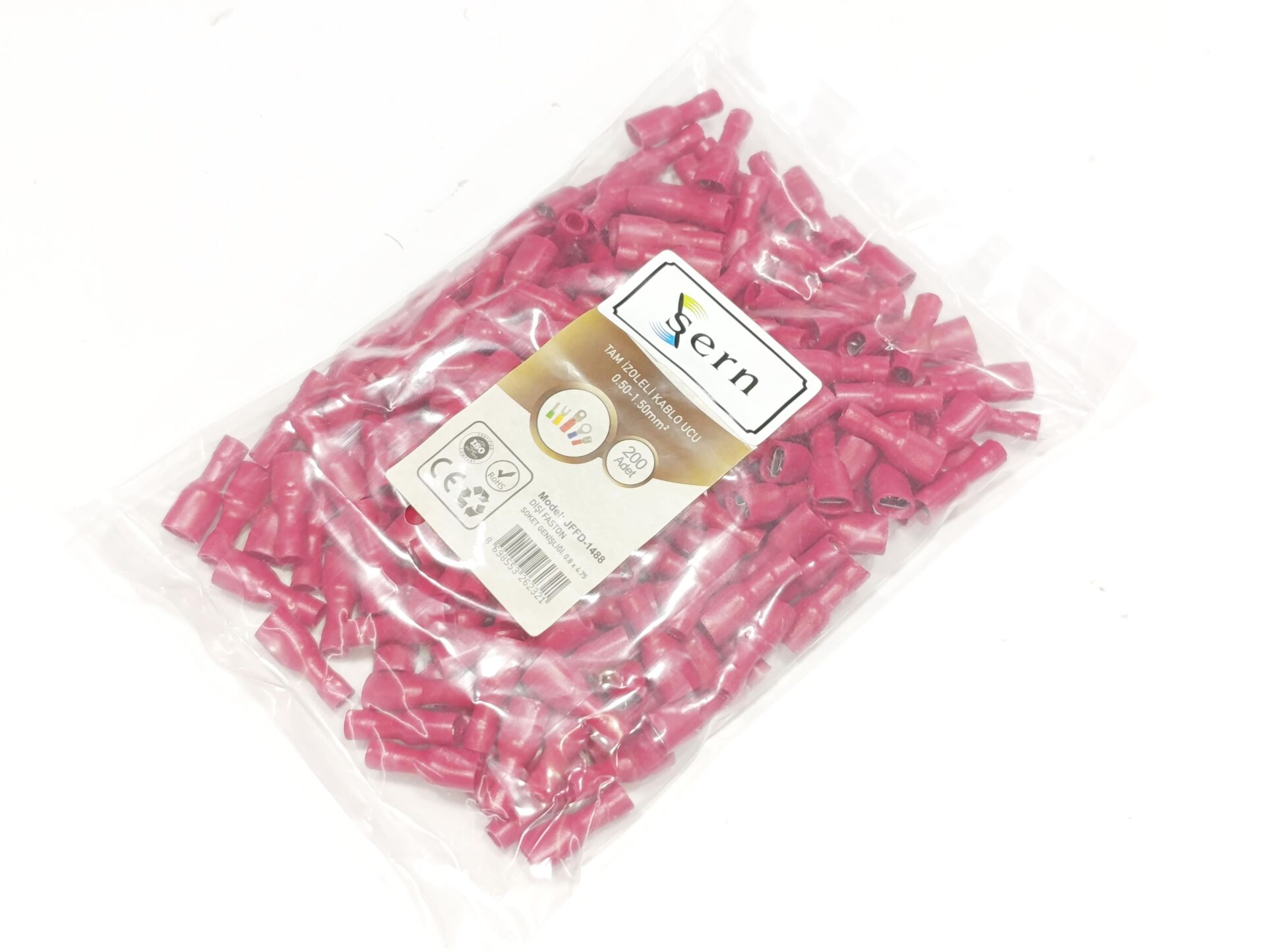 0,8x4,75 Soket 0,50x1,50mm² Dişi Faston Tip Tam İzoleli Kablo Uçları Kırmızı Renk - 1 Paket - 200Adet 