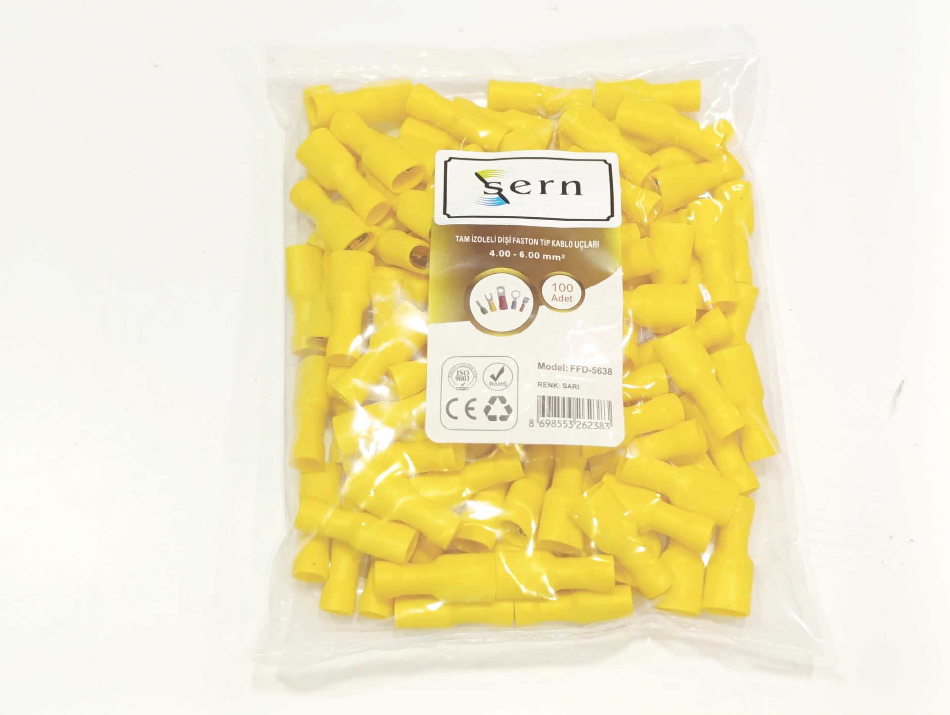 0,8x6,35 Soket 4x6mm² Dişi Faston Tip Tam İzoleli Kablo Uçları Sarı Renk - 1 Paket - 100Adet 