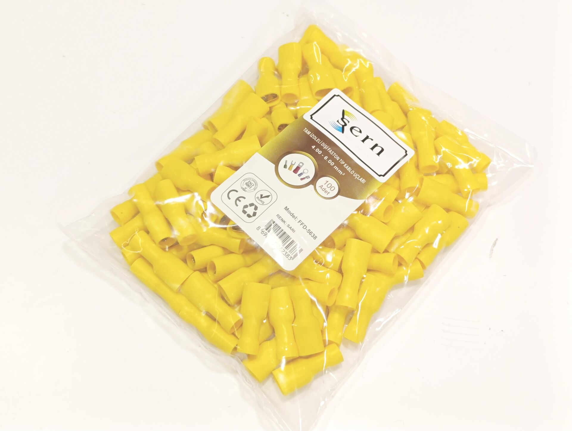 0,8x6,35 Soket 4x6mm² Dişi Faston Tip Tam İzoleli Kablo Uçları Sarı Renk - 1 Paket - 100Adet 