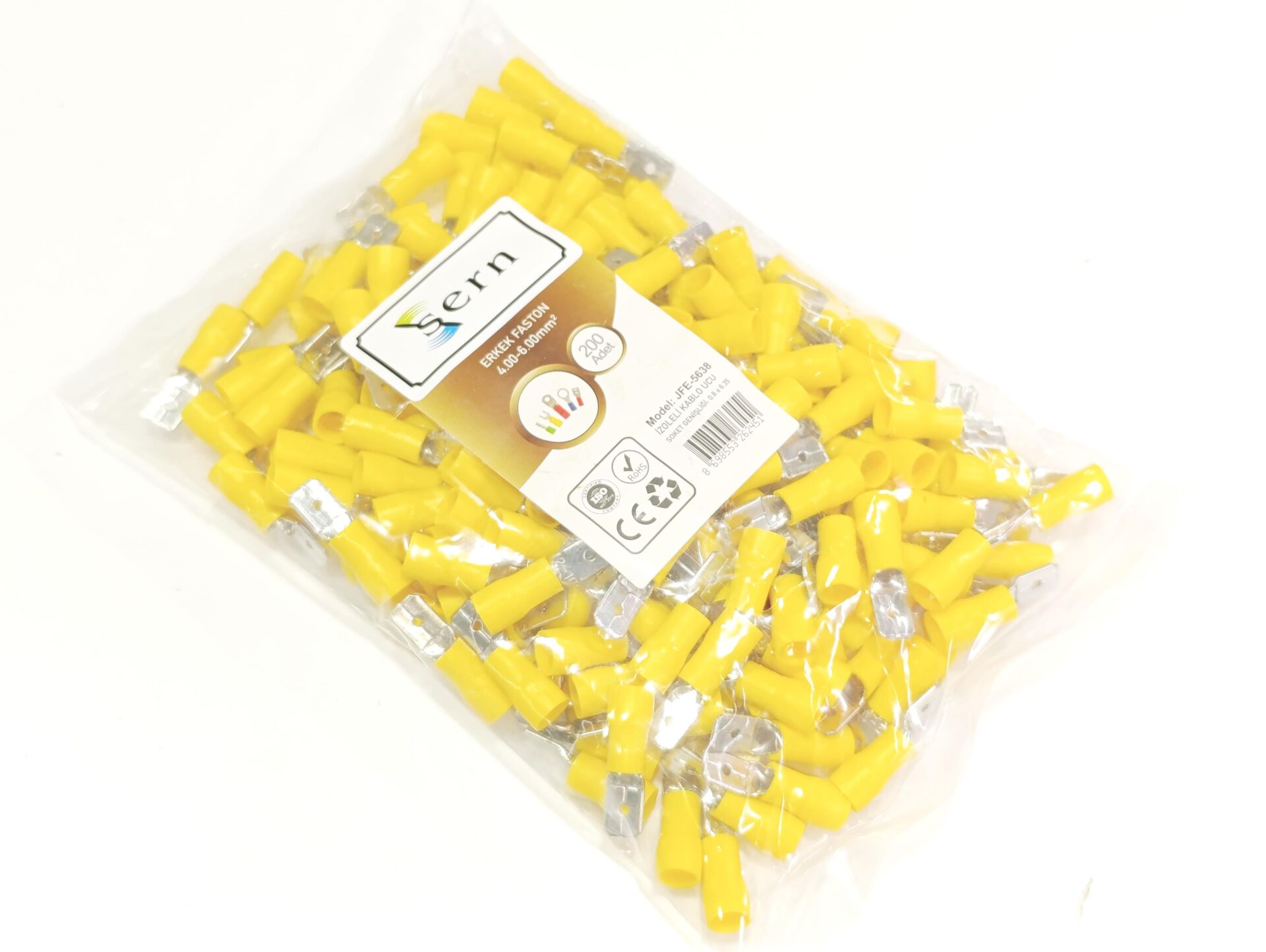 0,8x6,35 Soket 4x6mm² Erkek Faston Tip İzoleli Kablo Uçları Sarı Renk - 1 Paket - 200Adet 