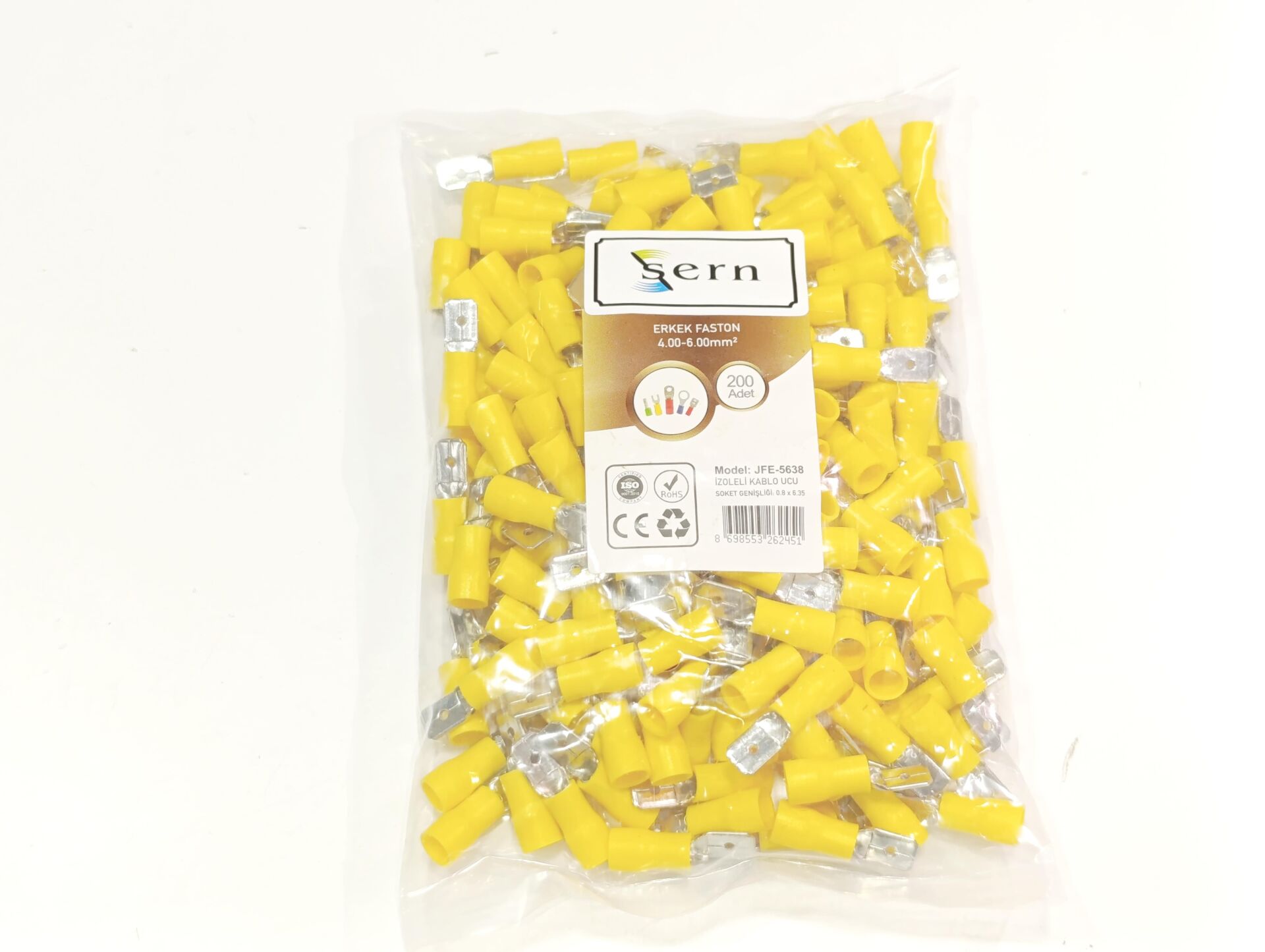 0,8x6,35 Soket 4x6mm² Erkek Faston Tip İzoleli Kablo Uçları Sarı Renk - 1 Paket - 200Adet 
