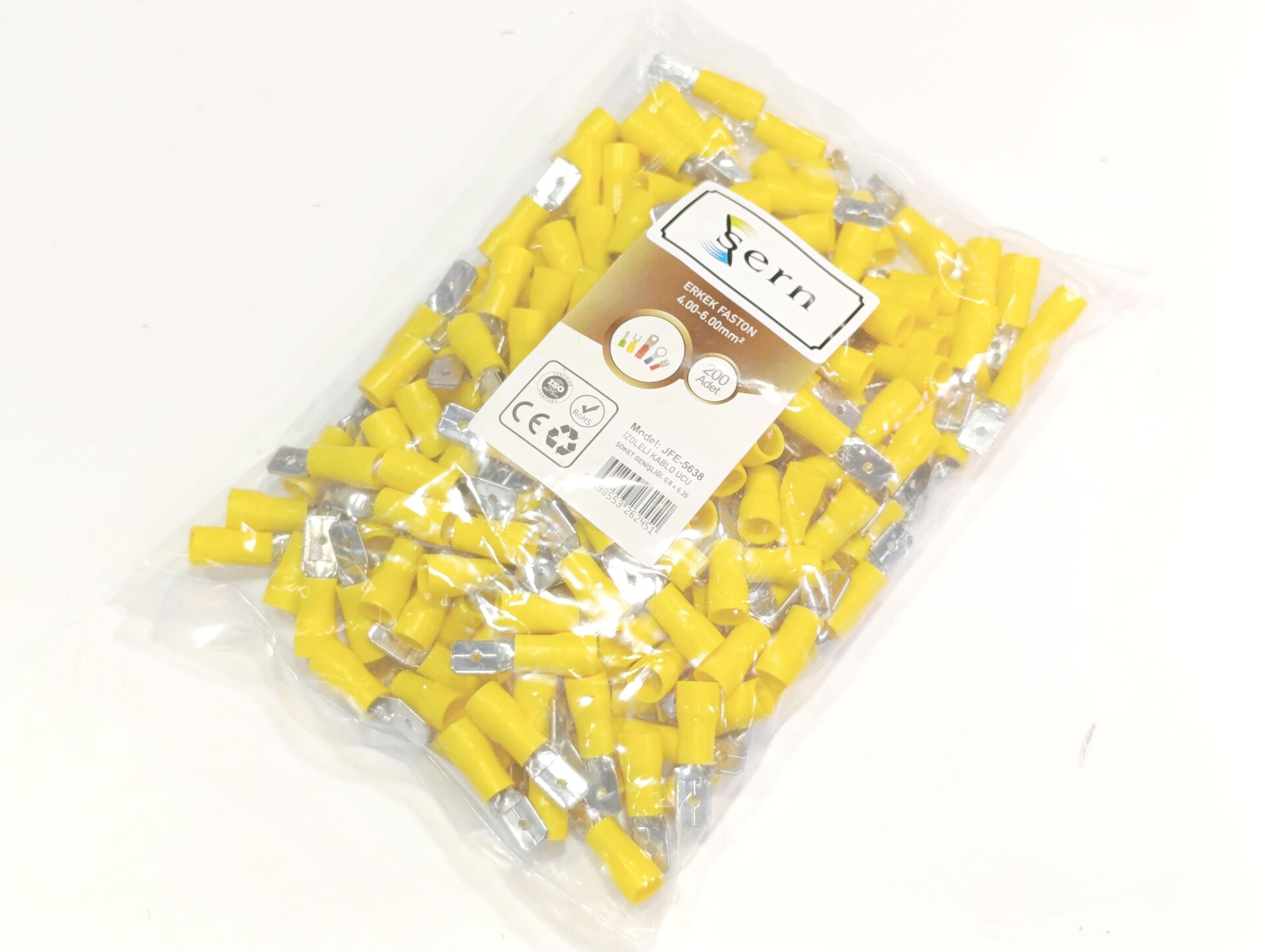 0,8x6,35 Soket 4x6mm² Erkek Faston Tip İzoleli Kablo Uçları Sarı Renk - 1 Paket - 200Adet 